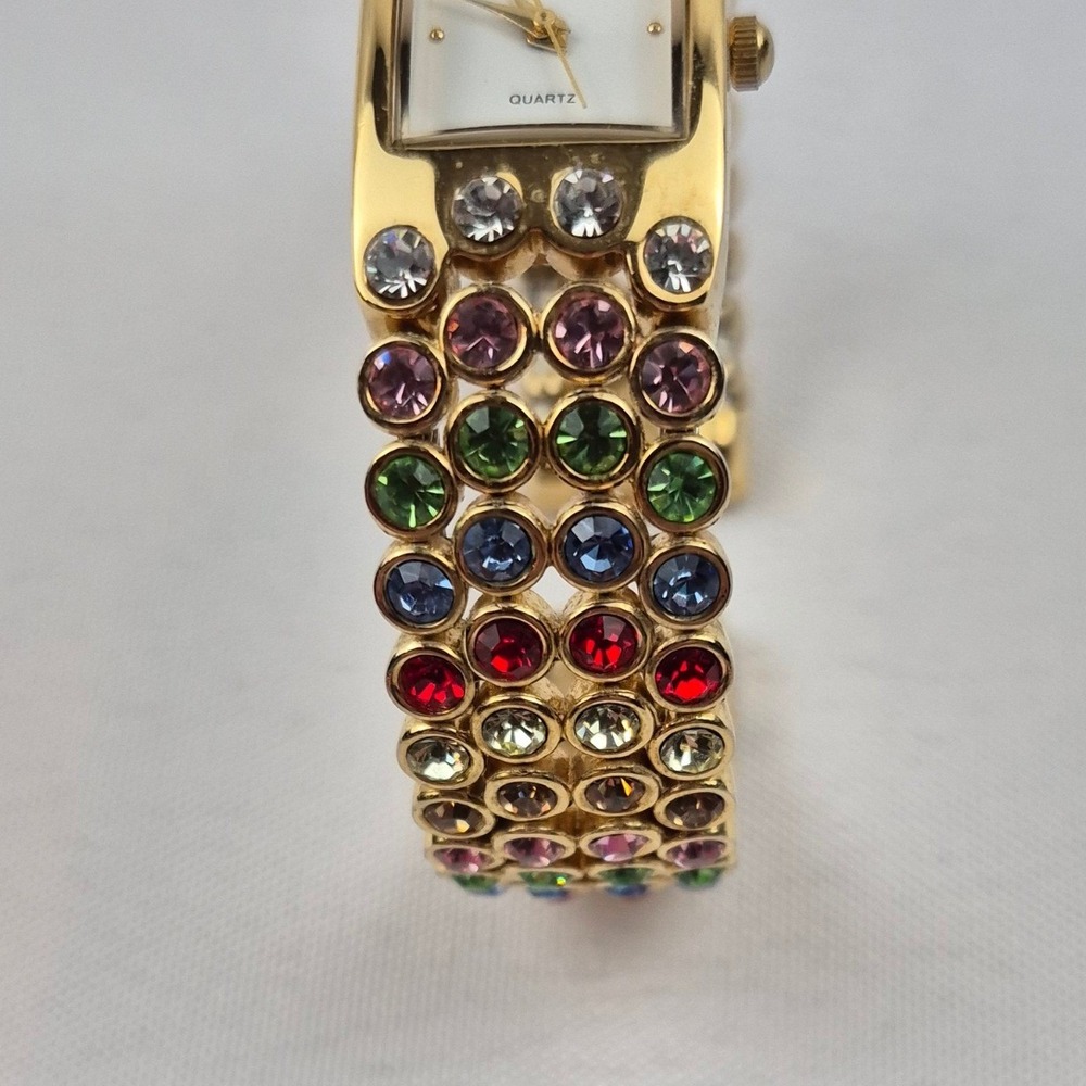 Vivani Rhinestone Cuff Watch Gold Tone Multicolor Japan Movt Vtg Needs Battery - Picture 4 of 11